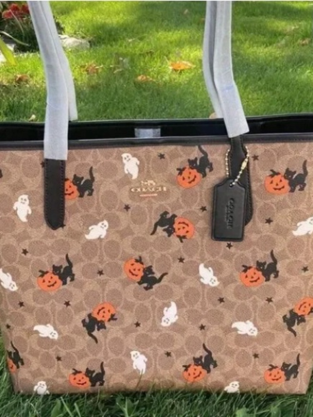 Coach Brown Halloween Print Tote with Black Handles and Orange Accents - Picture 3 of 5